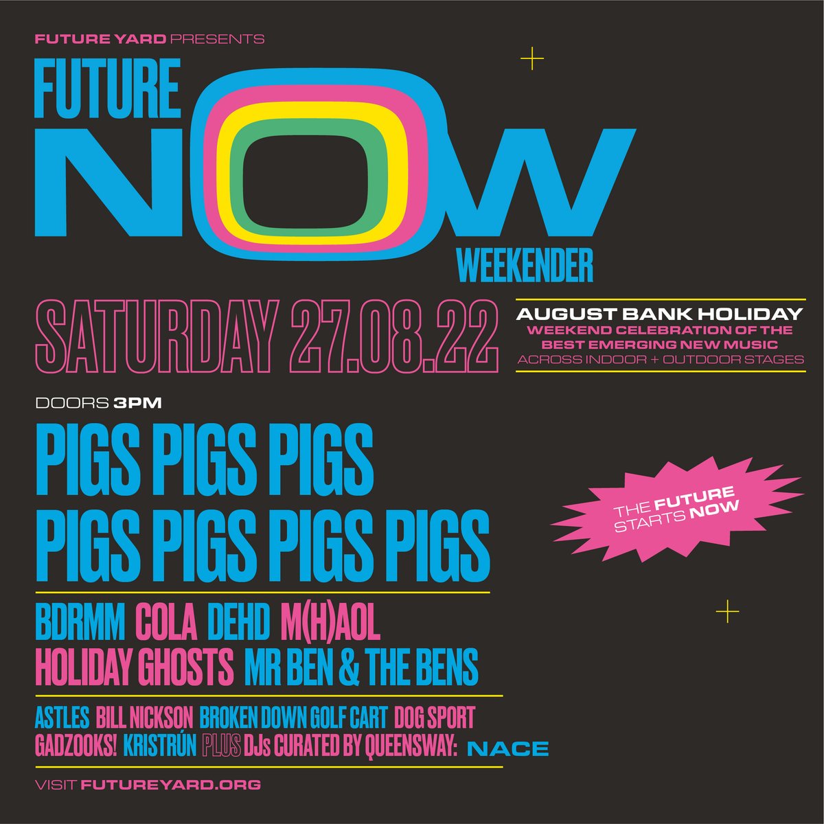 We're back at it again today with the second day of our Future Now Weekender! Advance tickets for today on sale til 2pm, then available on the door (more on the door). See below for slight change to today's running orders ⇨ futureyard.org/future-now