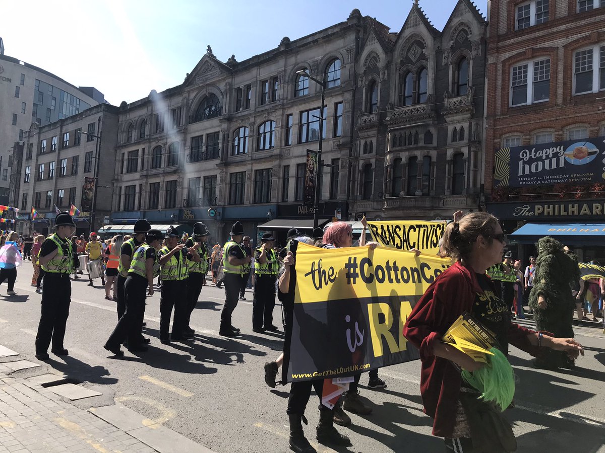 jo_bartosch's tweet photo. Organised by the brave  lesbians of @GetTheLOutUK They said they had to leave the march after being told by @swpolice that they would be arrested. At one point trans activists tried to wrestle their banners from them. Lesbians protesting rape culture not welcome at #cardiffpride https://t.co/UhA2gnp7yO
