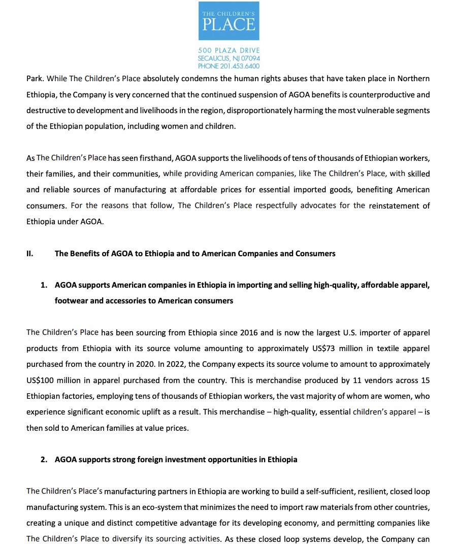 HeranTigray's tweet photo. 1.@childrensplace has a factory in #Ethiopia. Ethiopia is committing a genocide of a minority in #Tigray. Yet, Children's Place wrote letters for Ethiopia to be reinstated to #AGOA. One of the requirements of AGOA is clearly stated as " (3) does not engage in gross violations https://t.co/1q3Sjoroaz