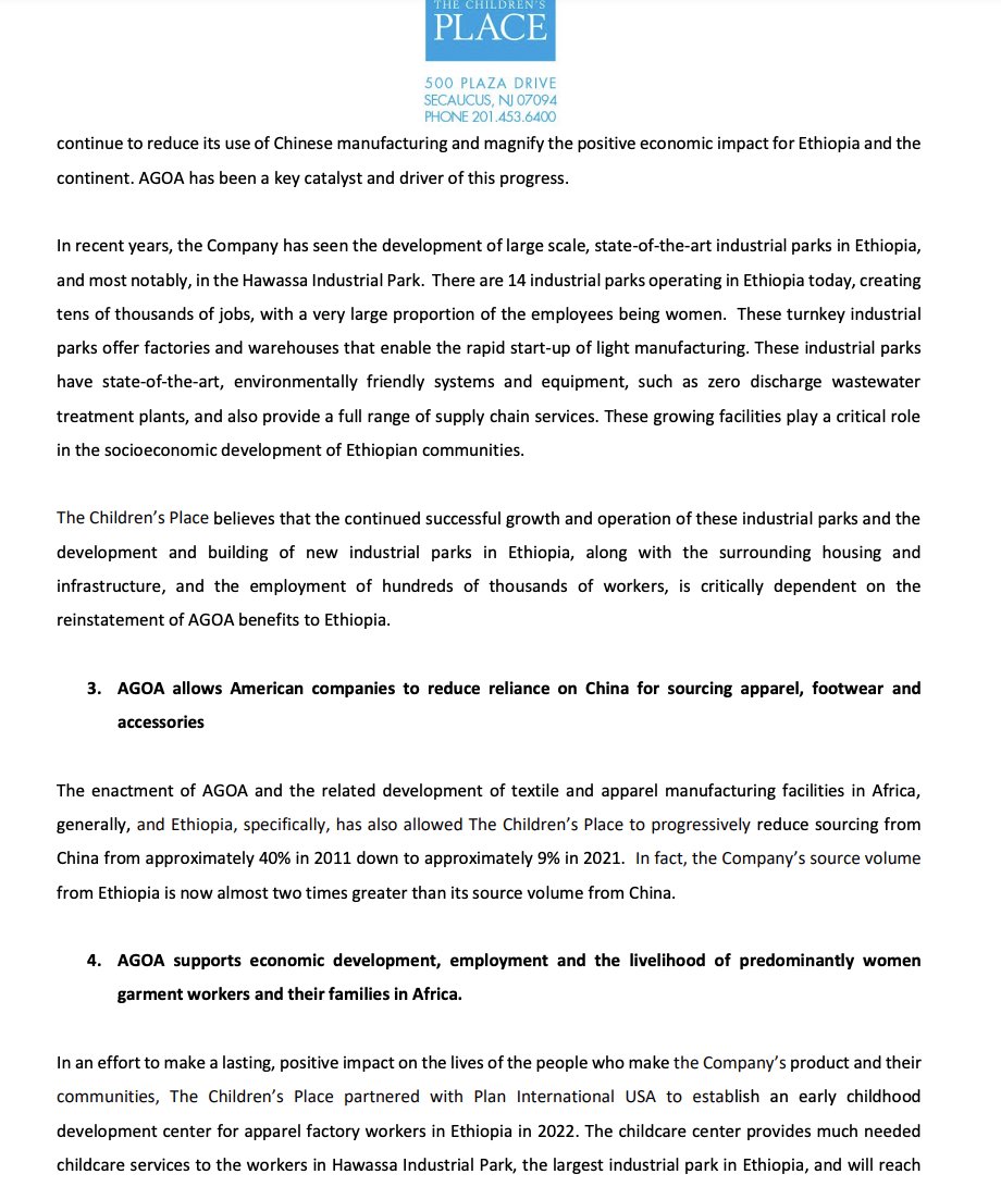 HeranTigray's tweet photo. 1.@childrensplace has a factory in #Ethiopia. Ethiopia is committing a genocide of a minority in #Tigray. Yet, Children's Place wrote letters for Ethiopia to be reinstated to #AGOA. One of the requirements of AGOA is clearly stated as " (3) does not engage in gross violations https://t.co/1q3Sjoroaz