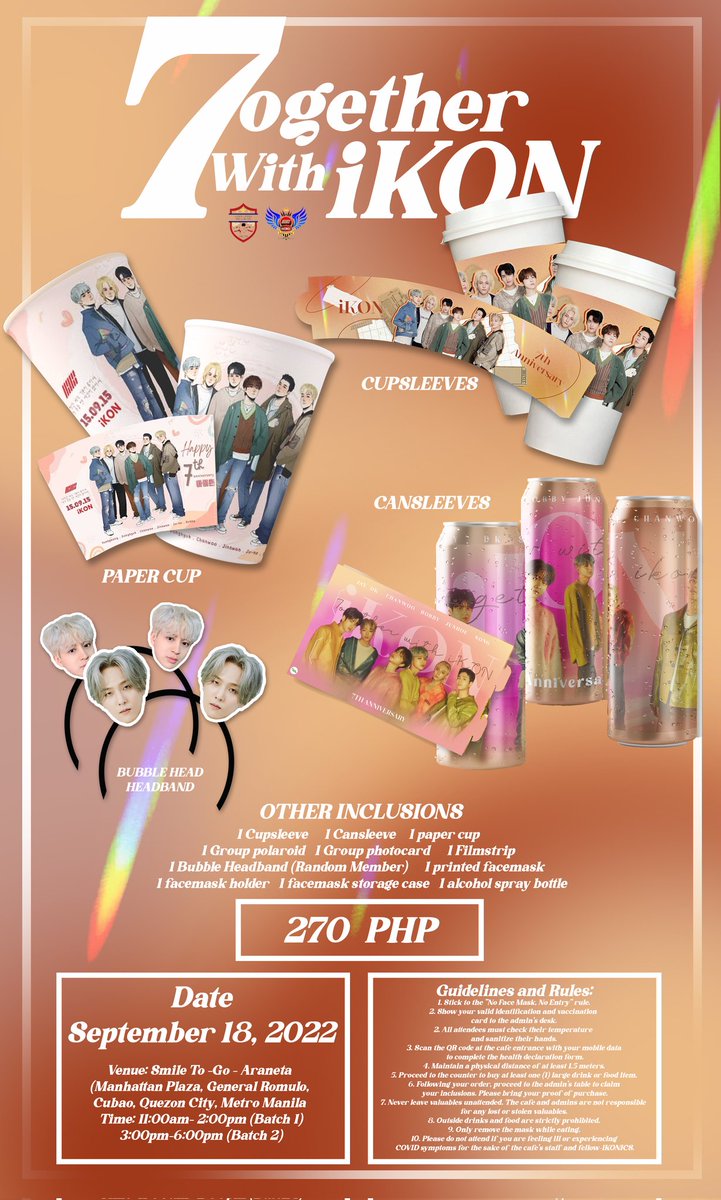 iKONLMTEAM's tweet photo. Annyeong PH-iKONICS! 
Come celebrate iKON's 7th Anniv. with us.
Those who are unable to attend the event may also place an order. Successful registrants can scan their tickets and listen to iKON's new song.

DOO: 31/08/22

To participate:
https://t.co/DsgOEKDFvs

Thank you! https://t.co/TkJ7nnzuki