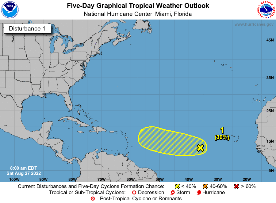NHC_Atlantic's tweet photo. 8 am EDT Aug 27: A broad and complex area of low pressure over the central tropical Atlantic is expected to interact with a tropical wave, which could lead to some gradual development into next week well east of the Lesser Antilles.

https://t.co/m9946DGzPQ https://t.co/j2PuSdyKQL