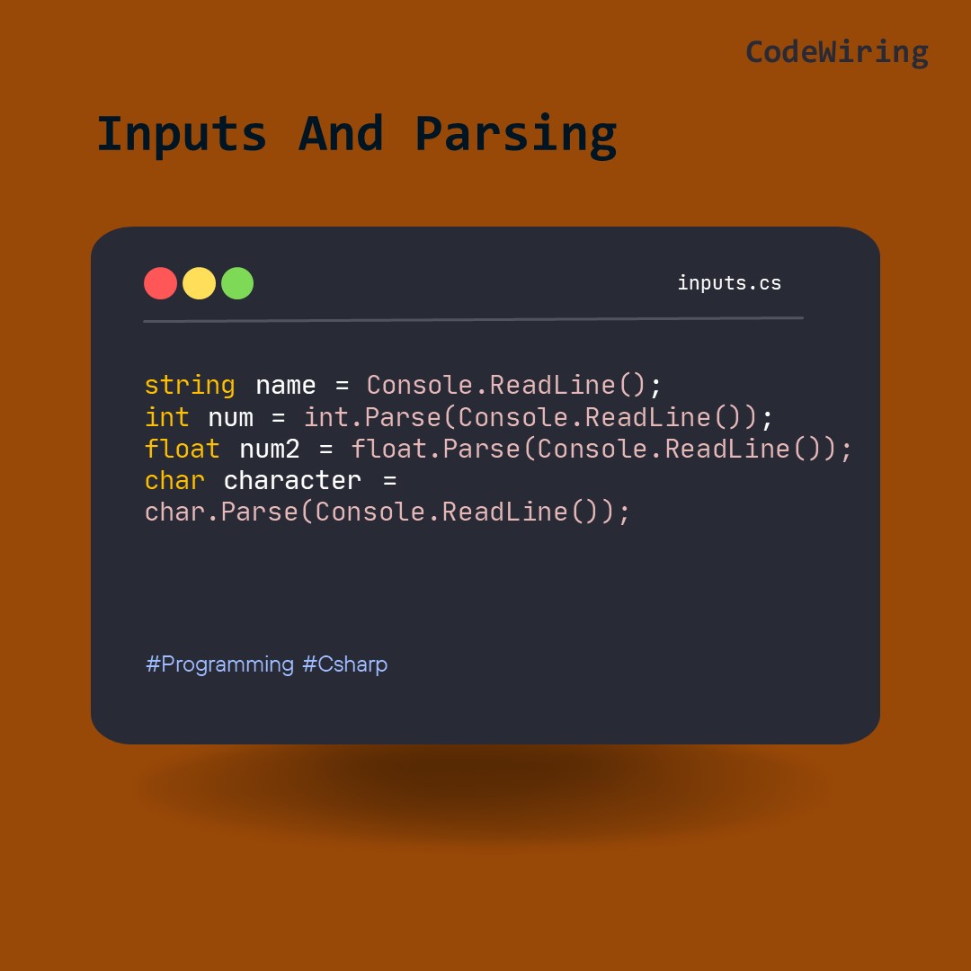 CodeWiring's tweet image. How to take input in C Sharp?
Console.Readline() mostly used for taking input in C Sharp.
By Default, it takes input in string. To store input value in any other datatype, we have to parse input in that datatype otherwise it will give an error
.
.
#prorgamming #csharp #codewiring