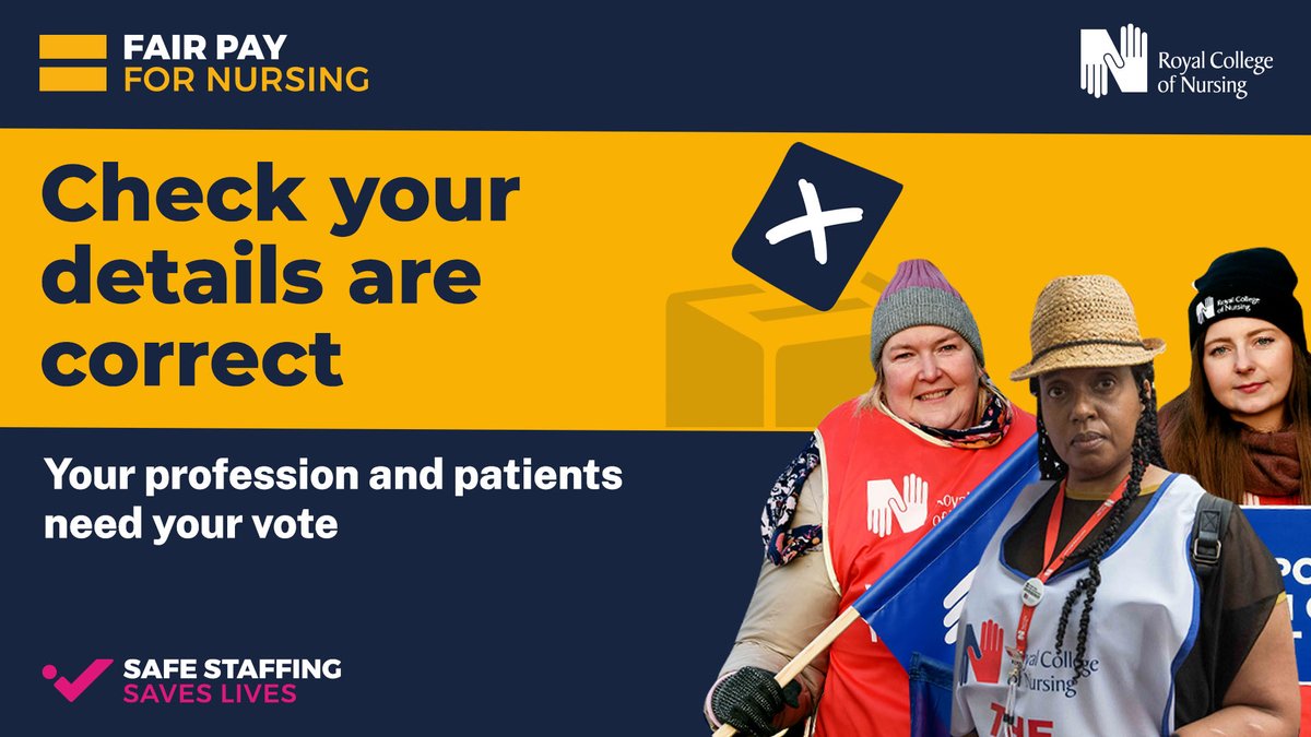 We must have these details for you to send you your ballot paper on industrial strike action if you’re eligible to vote: 
✔️Home address 
✔️Employer/workplace 
✔️Email address 
✔️Job title 
 
Check your details today: bit.ly/32DLZyH  
#FairPayForNursing
