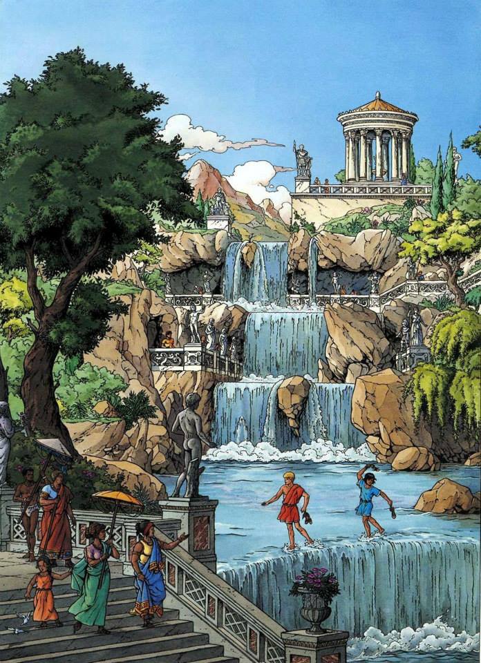 antinousgaygod's tweet photo. 🪷 Have a swim party: 27 Aug is the #Volturnalia feast of #Volturnus, Roman god of rivers, fountains, pools. Dive in: the water's great! French historical #comicbooks #toons #Alix &amp; #Enak frolic in the #Edessa Falls in Greece. Note the #Antinous #Farnese statue on balustrade!🪷 https://t.co/yqFkePsuOl