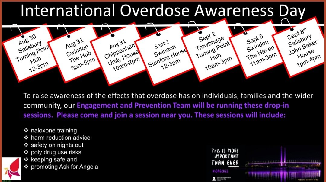 impact_swindon's tweet photo. They will be happy to chat, share information &amp; harm reduction advice, arrange referrals, arrange BBVs and provide one hit kits &amp; Naloxone. 
#IOAD2022 
#outreach  #orangebackpack 
#EndOverdose #harmreduction #naloxonesaveslives #alcoholawareness
@SwindonCouncil 
@wiltscouncil https://t.co/hh4Q73M8Xr