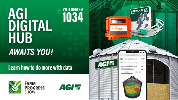 AGI_Digital's tweet photo. What does digital bring to your farm? Visit the AGI digital hub, booth 1034 at @FPShow. Demo AGI no-fuss technology that delivers field-to-bin automation, remote visibility, unparalleled data, safety, and no-touch grain conditioning.
 
#WeAreAGI #AGIatFPS #FPS22 https://t.co/II0mS8vIWC