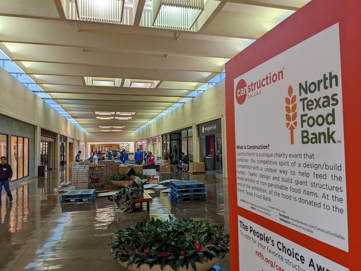 CanstructionDAL's tweet photo. Sun's coming up and so are our structures. It's build day at CANstruction Dallas. #canstruction #canstructiondallas @NorthParkCenter @ntfb https://t.co/aFycaTgDDn