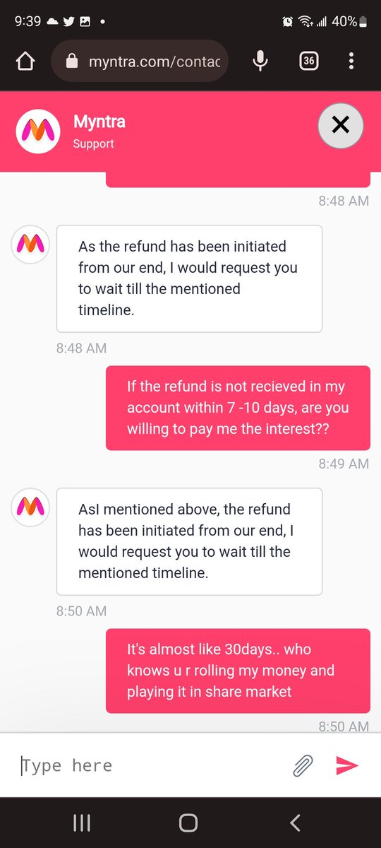 Iamrinumary's tweet photo. @myntra Same case with me. My order was not delivered and when inquired they canceled my order and said they issued refund.I paid it instantly and they needs 10days to refund??Wat kind of process is that.Are u rolling all these money in sharemarket or other business?? #myntrascam https://t.co/icMSWUhMT1