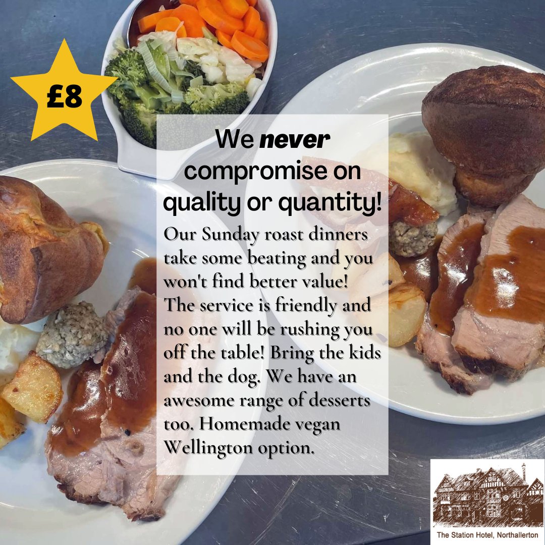 Despite charging only £8 for Sunday Lunch, we NEVER compromise on quality! Find out for yourself by popping in tomorrow midday to 3pm. (Use Northallerton Eats for delivery.) stationhotelnorthallerton.co.uk #Northallerton #pub #sundaylunch #restaurant #reviews #veganmenu #dogfriendly