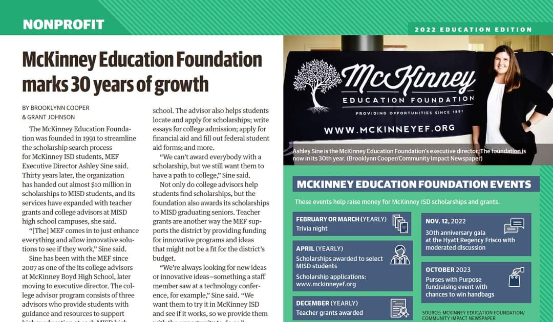 It's an exciting time here at the MEF! We are celebrating 30yrs of serving the students &amp; staff of the McKinney Independent School District. We are creating educational opportunities backed by the BEST local community! McKinney, your kids are worth the investment!
