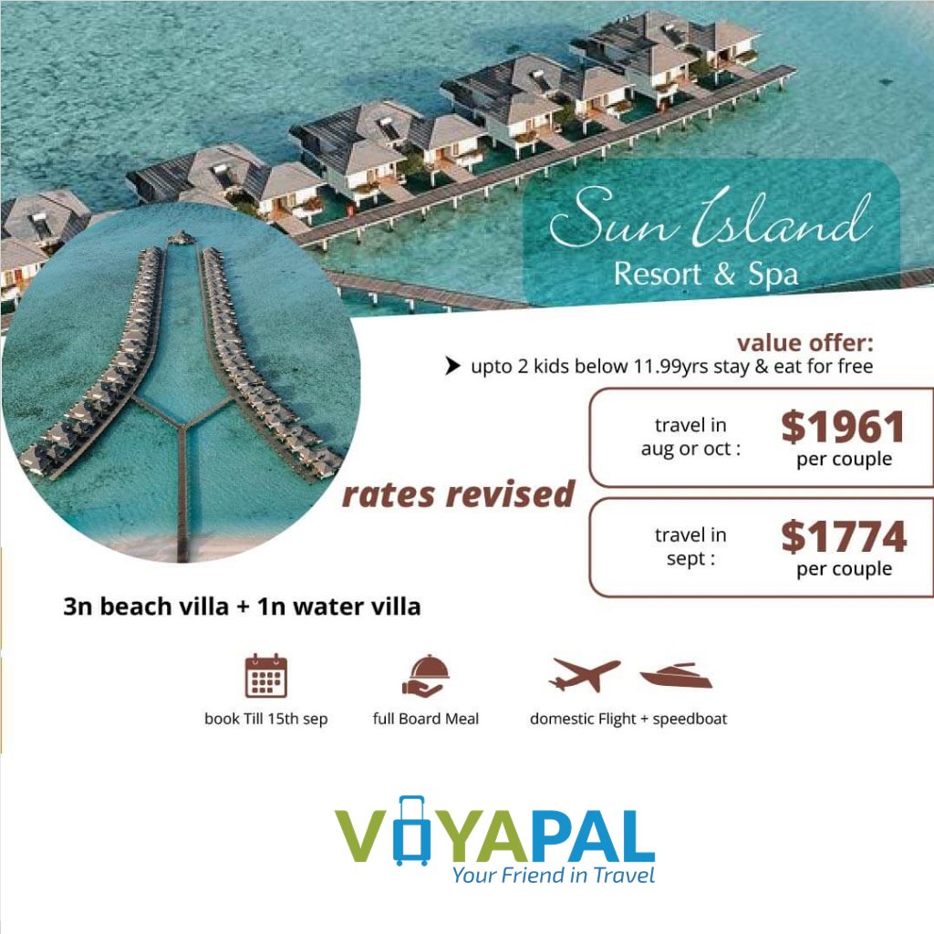 voyapal101's tweet photo. Sun Island Maldives : Rates Revised |So Now Tiime to Book Maldives Holiday with VOYAPAL @ 996741117 Or WA: 9892290888
@sunisland_ #maldives #sunislandresort #sunislandmaldives #romanticgetaway #honeymoon #familymoon #honeymooners #coupletravel #unxtravel #travelling #beachvilla https://t.co/2tZGsQ4jjU