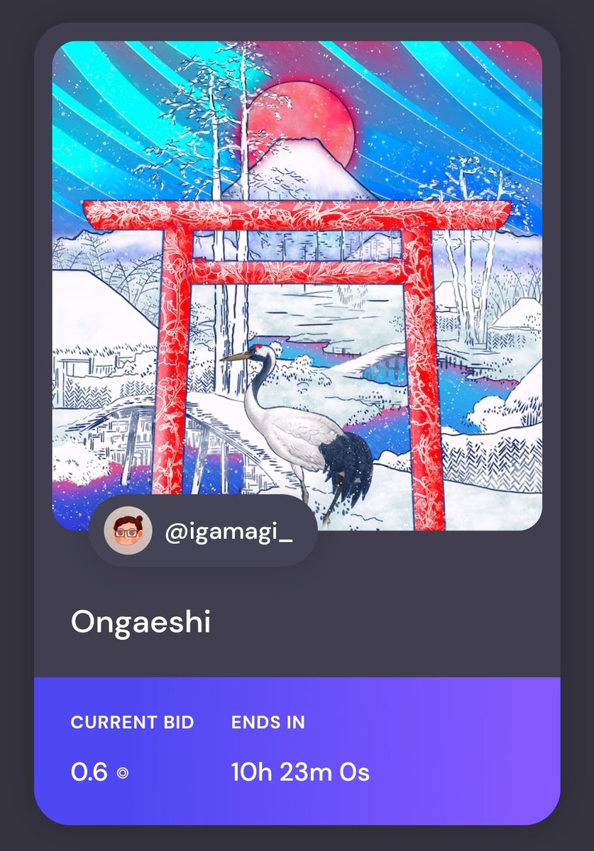 are you sure you don't want to outbid it?

#6/8 "Garden of Myths &amp; Tales" Series
"Ongaeshi" • 1/1 
Current Bid 0.6 by <a href="/MrDavidTiong/">Dave T</a>
10 hours Left

Ongaeshi 恩返し mean repayment of a kindness in japanese.

🔗formfunction.xyz/@igamagi_/Gwvo…

#SolanaNFT #solana #NFTs #NFTCommunity @_ledao