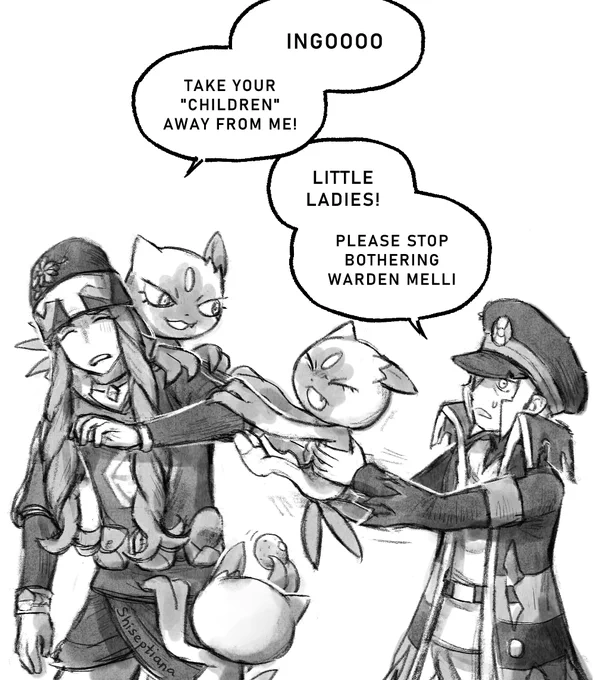 imagining sneasels (including lady sneasler's kits) liking melli because he's poison type specialist, also he fed them once &amp; they keep coming back for more treats ever since..
he (with ingo's help) ends up adopting those sneasels, whether he likes them or not
#ツバノボ #mellingo 