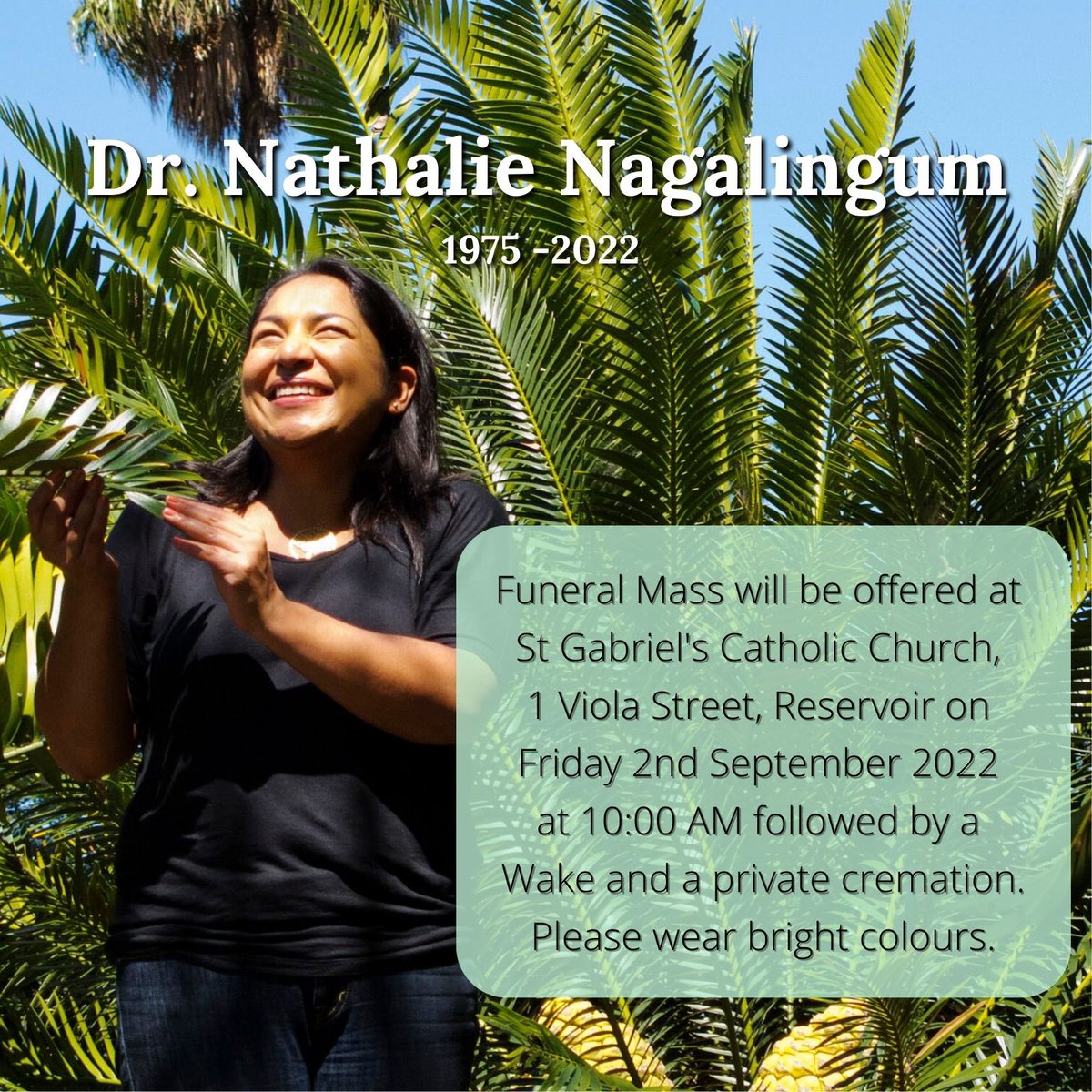 2 of 2.. Join us in celebrating Nathalie’s beautiful &amp; inspiring life at St Gabriel’s Church at 10am on 2nd Sept or via video link vividstream.com.au/live/nathalie-… 

In lieu of flowers, please donate to Ovarian Cancer Australia ovariancancer.net.au/donations or donate blood in Nathalie’s honour.
