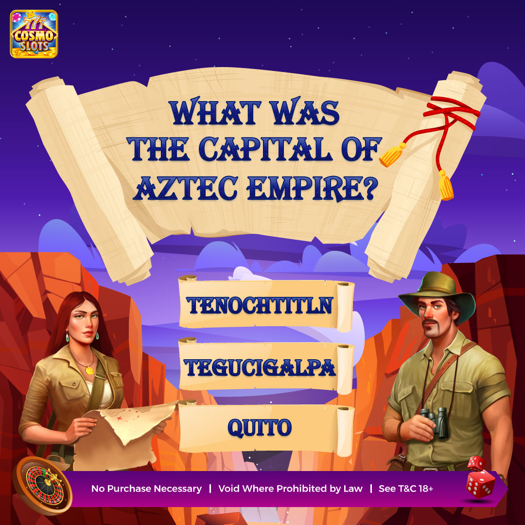 CosmoSlots's tweet photo. What was the capital of the Aztec empire?
▶ Tenochtitln
▶ Tegucigalpa
▶ Quito
#Cosmoslot #gamming #gameonline #gameslotonline #quiz #quiztime #onlinequiz https://t.co/BpG8zpbTGW