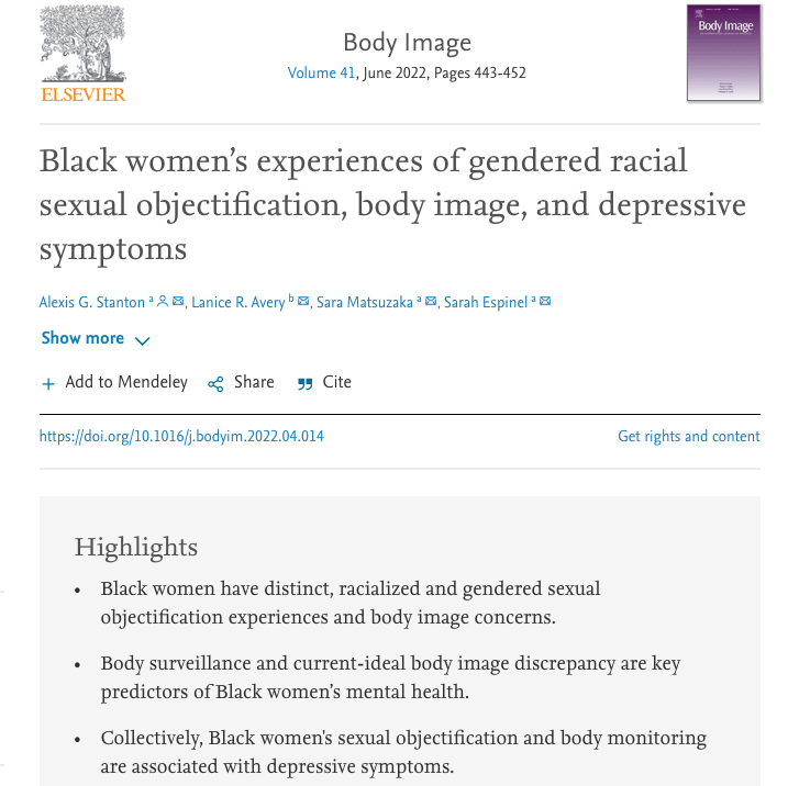 Youth_Nex's tweet photo. NEW #RESEARCH ALERT: @dr_neecie & colleagues publish new work on "#BlackWomen’s experiences of #gendered #racial #SexualObjectification, #BodyImage, & #depressive symptoms." #MentalHealth Read more -> https://t.co/W9zJywx0Or https://t.co/gNstD9DgiI