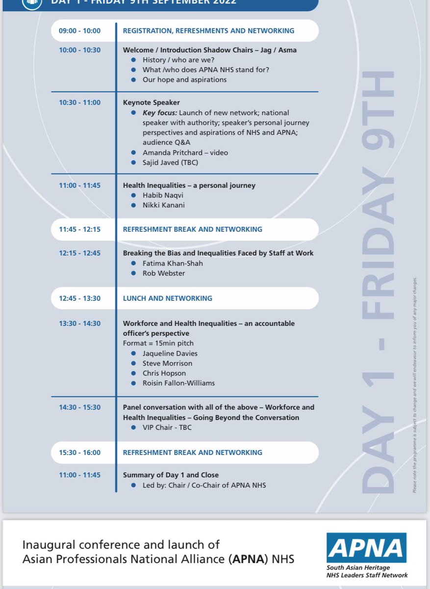 ApnaNhs's tweet photo. We have worked hard to bring you amazing speakers and delegates for networking. Ask by DM for booking form - ps we are close to fully booked @BalClaire1 @majithia_anil @NHS_RobW @786maq @DrCarterp118 @Shajeda_NHS https://t.co/ib34yN2HFS