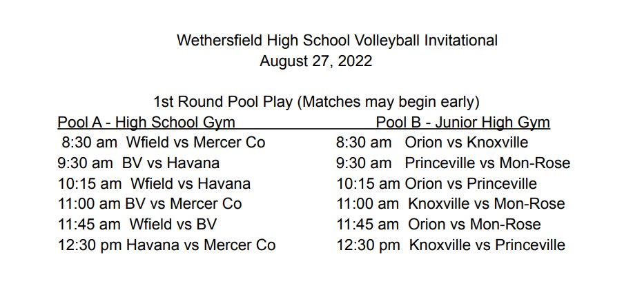 JKratz23's tweet photo. PHS Varsity Volleyball will be participating in the Wethersfield Tournament today. Please see attached schedule.
#princespride #goprinces https://t.co/wsG4PvTKLr