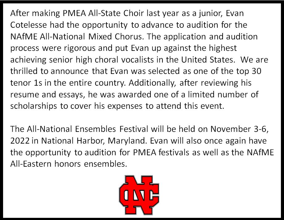 Congrats to Ne-Ca-Hi's Evan Cotelesse!  This young man can sing!!!  #NCChoir #NCProud