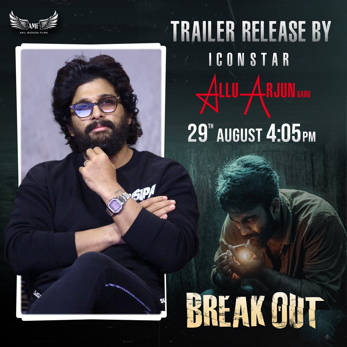 anilmodugafilms's tweet photo. The one who broke out many barriers is now here for #BREAKOUT💥

𝑰𝒄𝒐𝒏 𝒔𝒕𝑨𝑨r @alluarjun garu to launch the Trailer on 29th AUG @ 4:05 PM⏳

#RajaGoutham @its_Subbu4U @anilmoduga #Mohanchary @msjonesrupert #TheRevengerz @saimaneendhar @srivas19 @BK_Konduri @anilmodugafilms https://t.co/yBG7hjIi25