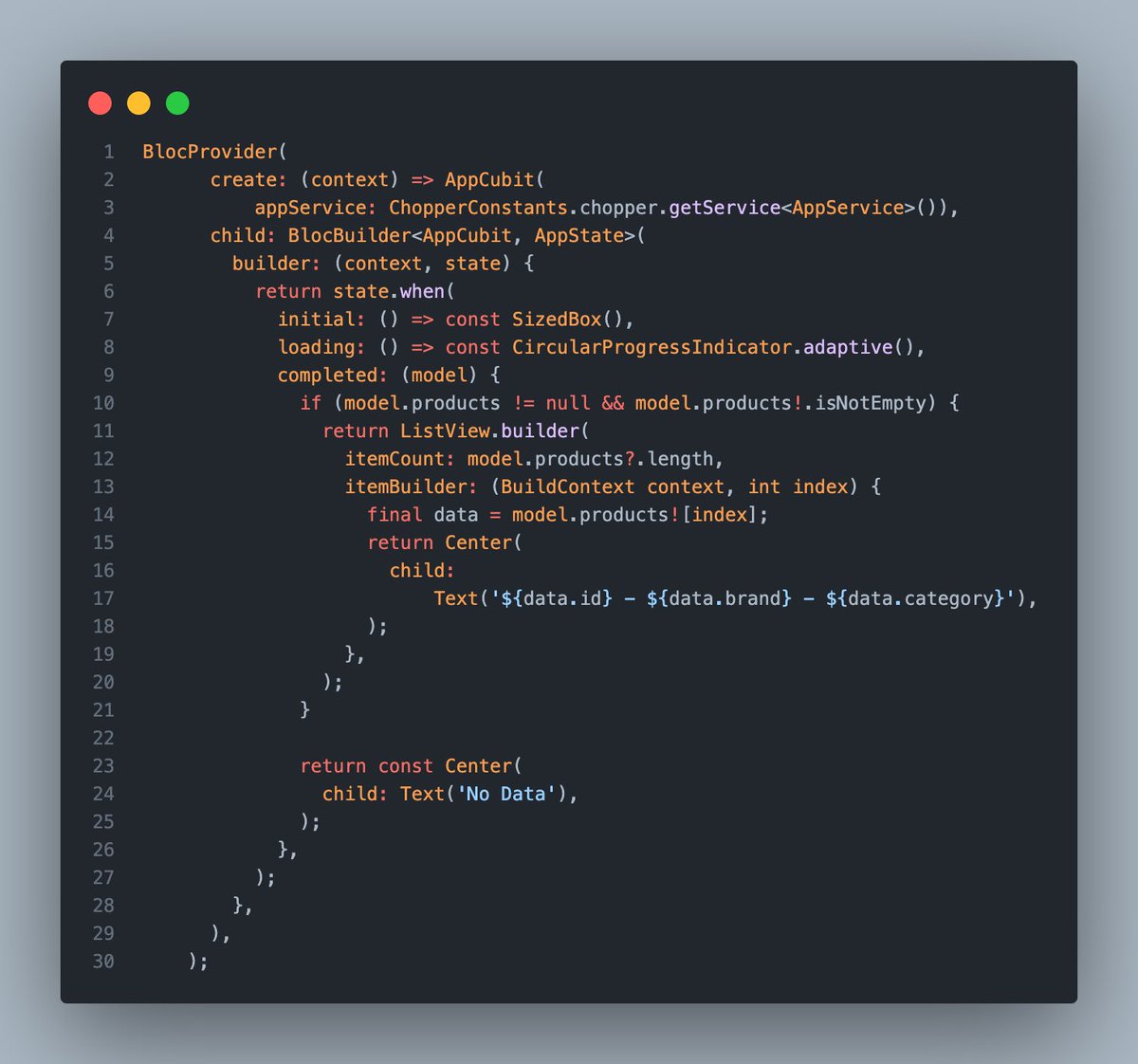 Not short actually but gold 🥇 

Service management with Cubit, Freezed and Chopper.
#flutter

You can find the repo:
github.com/ebrarbilgili/c…