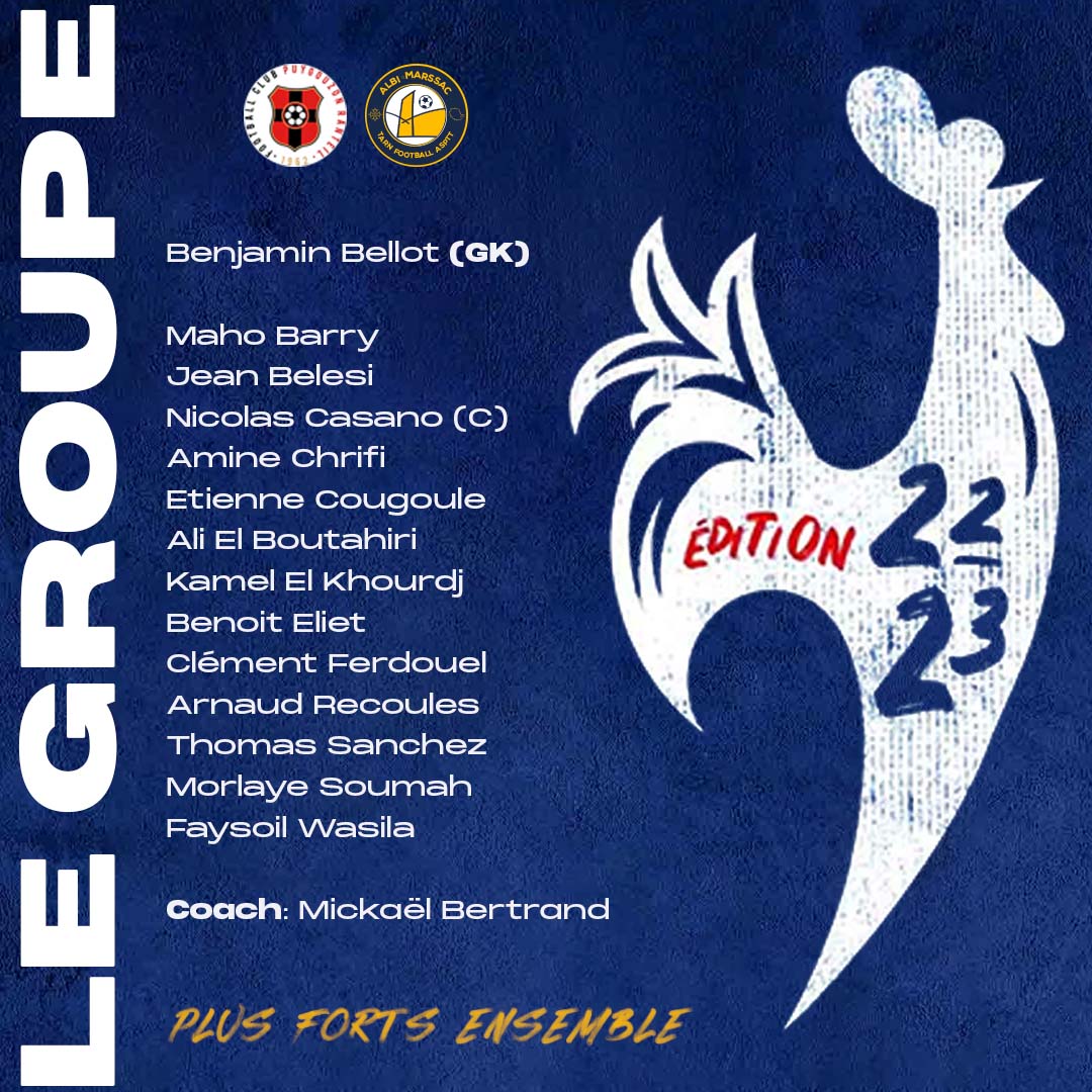 amtf_asptt's tweet photo. Voici le groupe retenu par le coach Mickaël Bertrand pour cette entrée dans le second tour de la Coupe de France contre le Football Club Puygouzon-Ranteil.

Coup d’envoi à 15h00 au stade synthétique de la Guitardié.

💙💛

#AMTF #PlusFortsEnsemble #AMTFFCPR #CDF https://t.co/CgJm33qQlE
