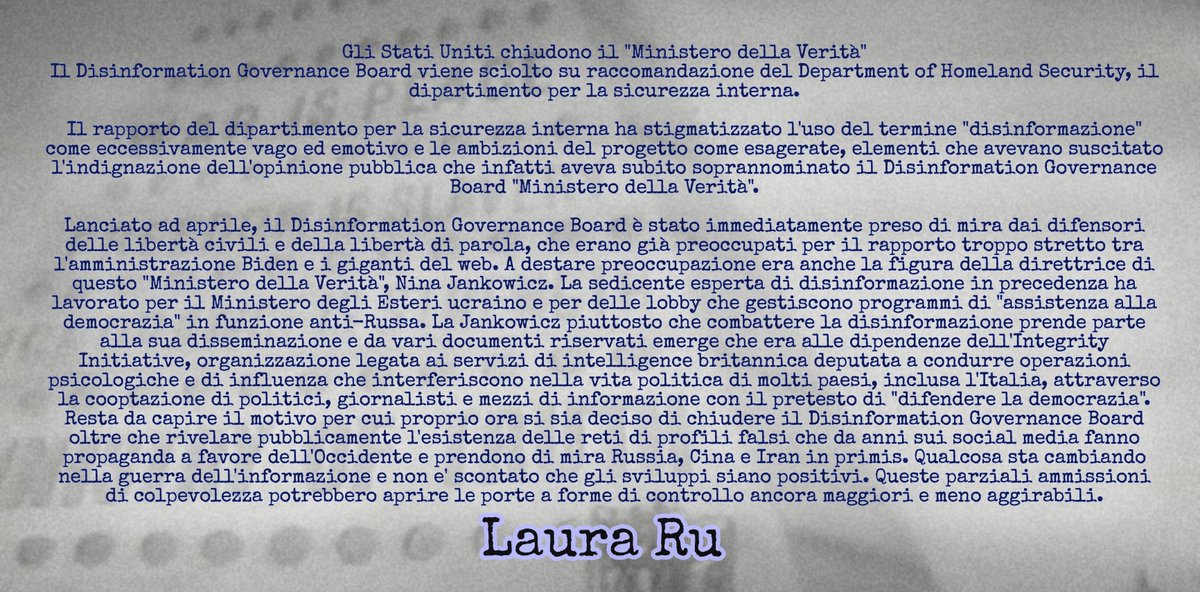 MarceVann's tweet photo. Gli Stati Uniti chiudono il "Ministero della Verità"

Il Disinformation Governance Board viene sciolto su raccomandazione del Department of Homeland Security, il dipartimento per la sicurezza interna.

[ Via #LauraRu ] https://t.co/0UdTviXXkT