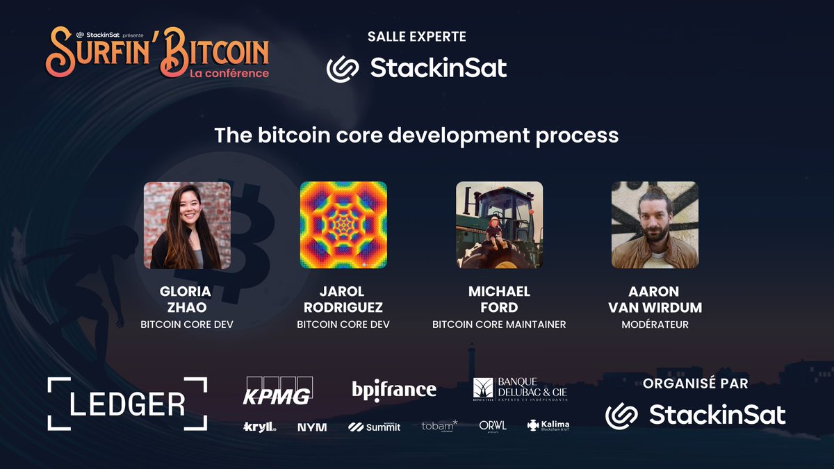 SurfinBitcoin's tweet photo. 🔔[NEXT CONFERENCE] @StackinSat_FR Room
The Bitcoin core development process

Speaker : Gloria Zhao (@glozow), #Bitcoin core dev, Michael Ford @fanquake, Bitcoin Core Maintainer, 

Moderator : @AaronvanW 

#SurfinBitcoin22 #ConferenceDays #Keynote https://t.co/ubsq6e50ls