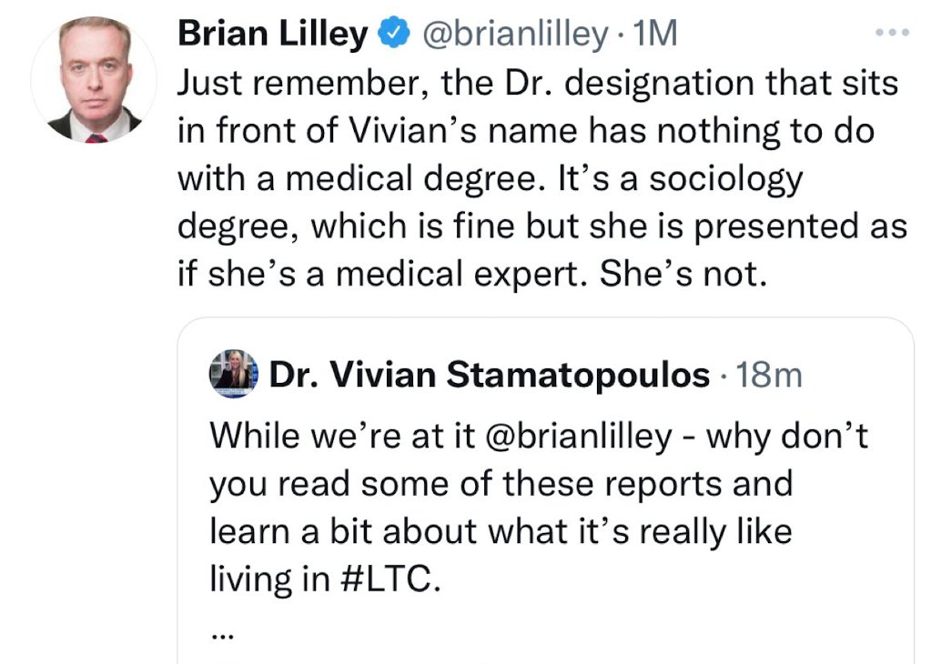 ItsDeanBlundell's tweet image. Good morning to @DrVivianS. @BrianLilley shitposted Viv, a tireless advocate for LTC families, because his GF is Doug Ford&apos;s press secretary.  He&apos;s a kept man who doesn&apos;t respect smart women.  Brian presents himself as a journalist. He&apos;s not. He&apos;s Doug Ford&apos;s pool boy.