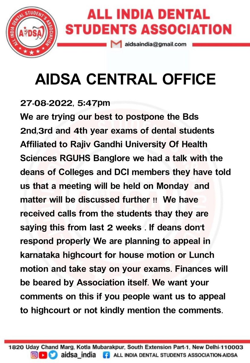 aidsa_india's tweet photo. @ndtvindia @VCRguhs @aidsa_india demand postpone of Bds exams https://t.co/xHkFRklD3P