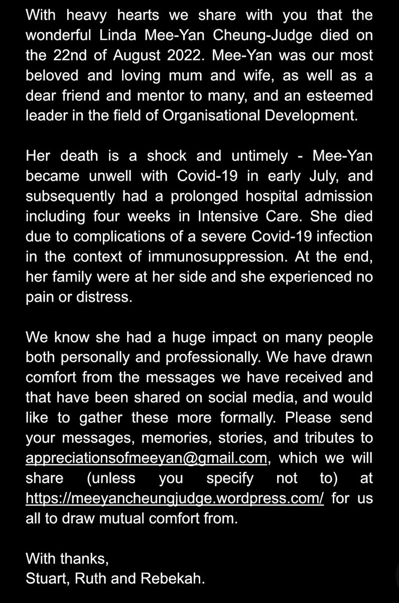 With heavy hearts we share with you that the wonderful Linda Mee-Yan Cheung-Judge died on the 22nd of August 2022. Mee-Yan was our most beloved and loving mum and wife, as well as a dear friend and mentor to many, and an esteemed leader in the field of Organisational Development.