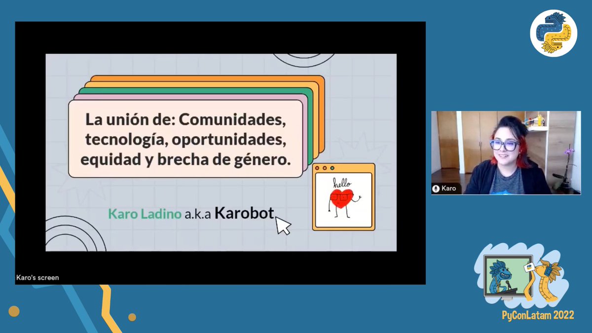 PyLatam's tweet image. Ayer tuvimos la oportunidad de disfrutar de la ponencia principal de Karo Ladino. Quien estuvo como Keynote de apertura en #PyConLatam22 🥳🎉
Muchas gracias Karo por haber aceptado participar y compartir tus conocimientos para nuestra comunidad. #Python🐍

✨¡Excelente trabajo!✨
