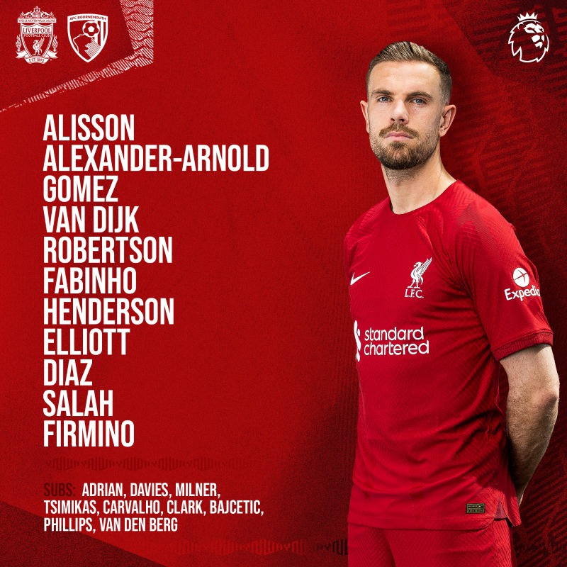 LFC's tweet photo. Here’s how we line up to face @afcbournemouth today 📋🔴

#LIVBOU