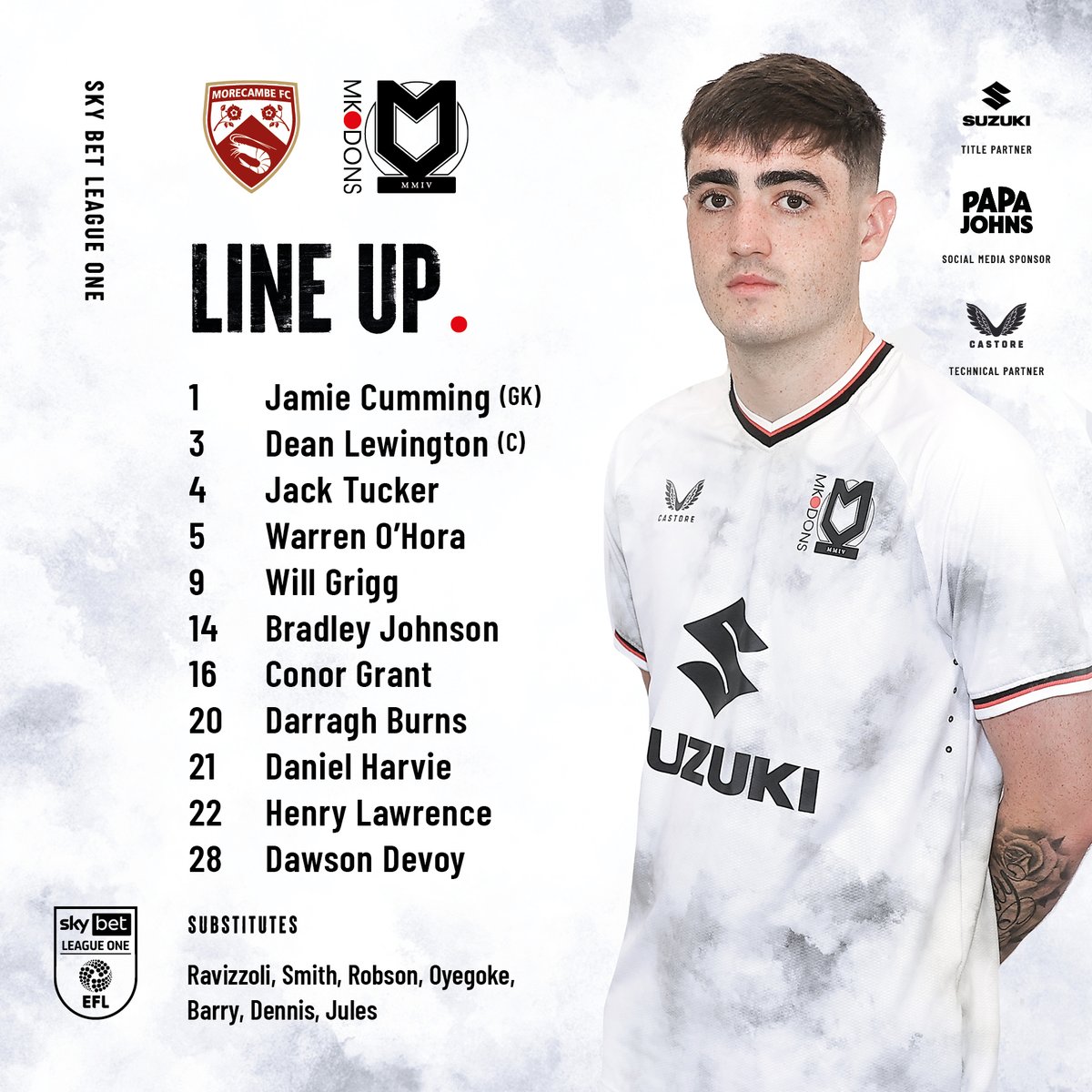 MKDonsFC's tweet photo. TEAM NEWS!

#MKDons make four changes from their midweek Carabao Cup win over Watford.

Darragh Burns and Dawson Devoy are handed their first league starts while Dean Lewington and Bradley Johnson also come into the starting XI. https://t.co/z4gvHUsYHC