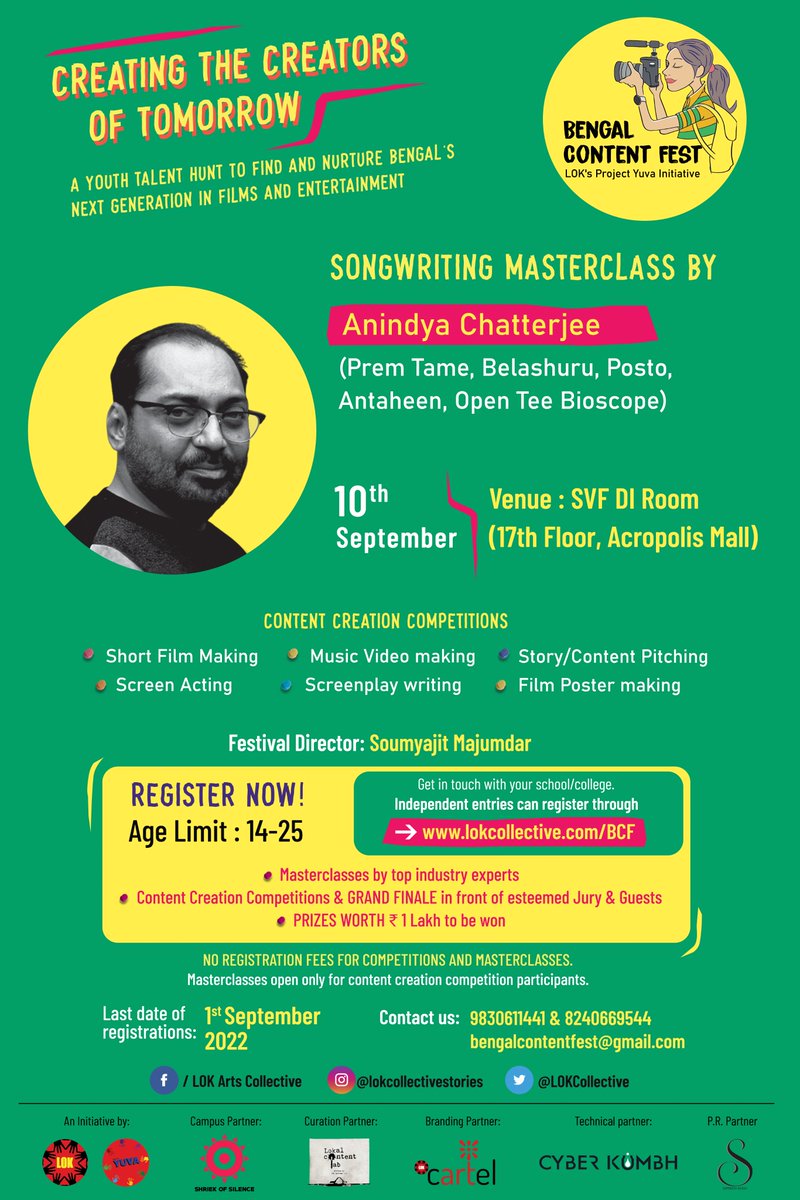 Master the art of writing songs under Anindya Chatterjee's expert guidance at LOK Project Yuva's initiative Bengal Content Fest supported by SVF. Register now on lokcollective.com/BCF. 

<a href="/onindochatt/">anindya chatterjee</a> <a href="/LOKCollective/">Lok Arts Collective</a> <a href="/soumyajitLOK/">soumyajit majumdar</a>
<a href="/AhanaSVF/">AhanaK</a> <a href="/abhishekdagaa/">abhishek daga</a>