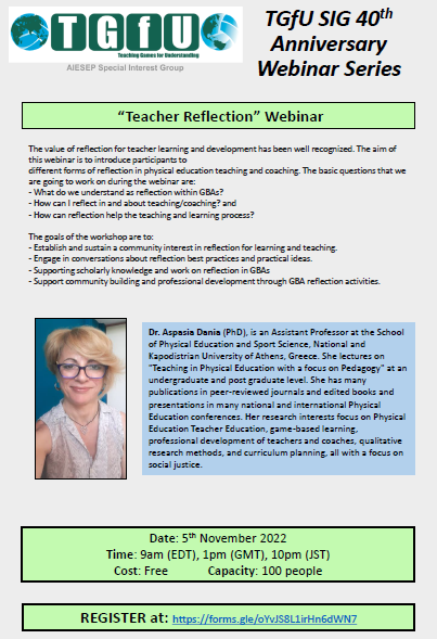 "Teacher Reflection" Webinar
Speaker: Aspasia Dania
Date: 5th November 2022
Time: 9am (EDT), 1pm (GMT), 10pm (JST)

Register at: forms.gle/oYvJS8L1irHn6d…