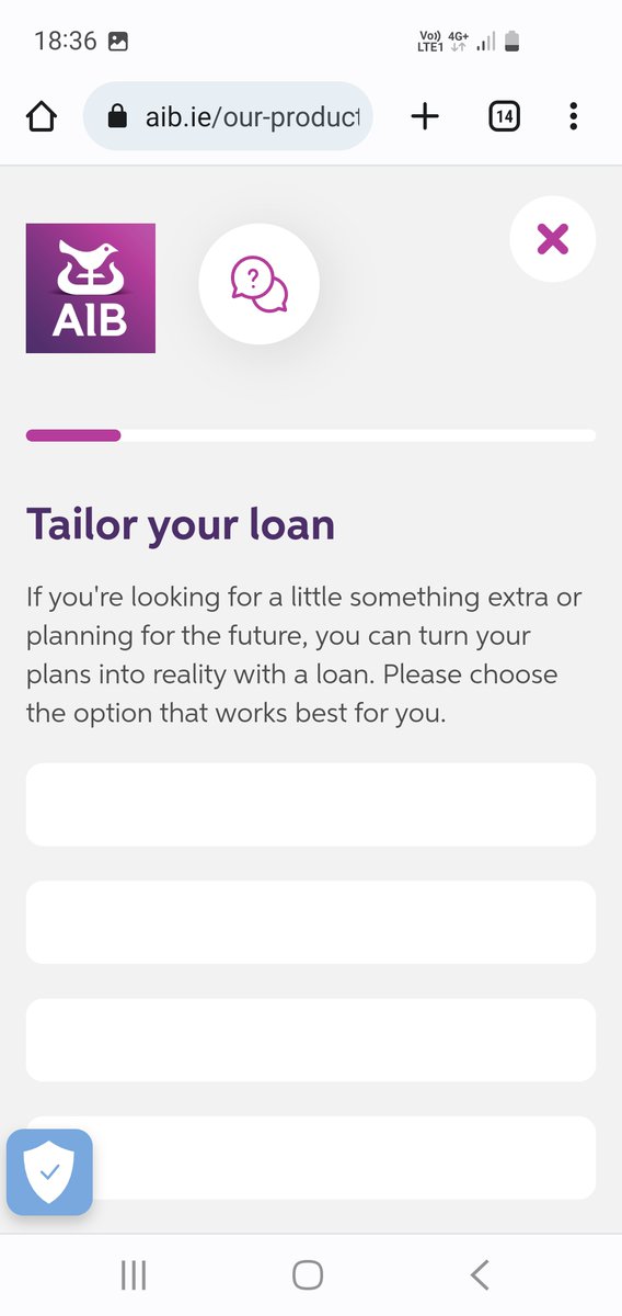 scolarda's tweet photo. @AskAIB your loan calculator on your website appears to be broken, once you put in your amount and hit calculate my loan the next step has a load of blank buttons and you can't proceed. Tried on mobile and desktop Chrome. https://t.co/5Kh1tulPZg