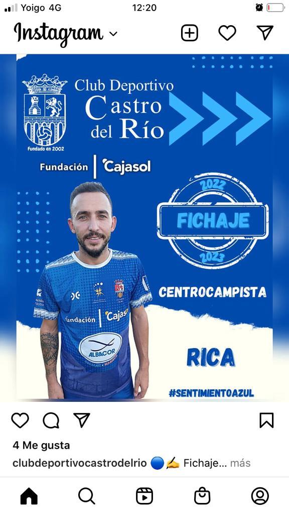 🔵✍️ Fichaje.

🆕 Ricardo Afonso Gutiérrez "Rica" se convierte en nuevo jugador del Club Deportivo Castro del Río-Cajasol.

¡Bienvenido!💙

Rica es un centrocampista creativo de 27 años, procedente del C.D Apademar.