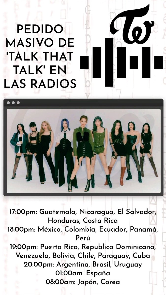 TWICExONCES's tweet photo. [HORARIOS POR PAISES] 📻

ONCE! Hoy a la noche en Latinoamerica comenzaremos con los pedidos masivos de 'Talk That Talk' en las radios!

Es importante su participación, den RT y difundan por favor

Info de radios: https://t.co/qLAGMcOY7J

#TWICE #트와이스 #TalkthatTalk @JYPETWICE https://t.co/951Th1Rjr1