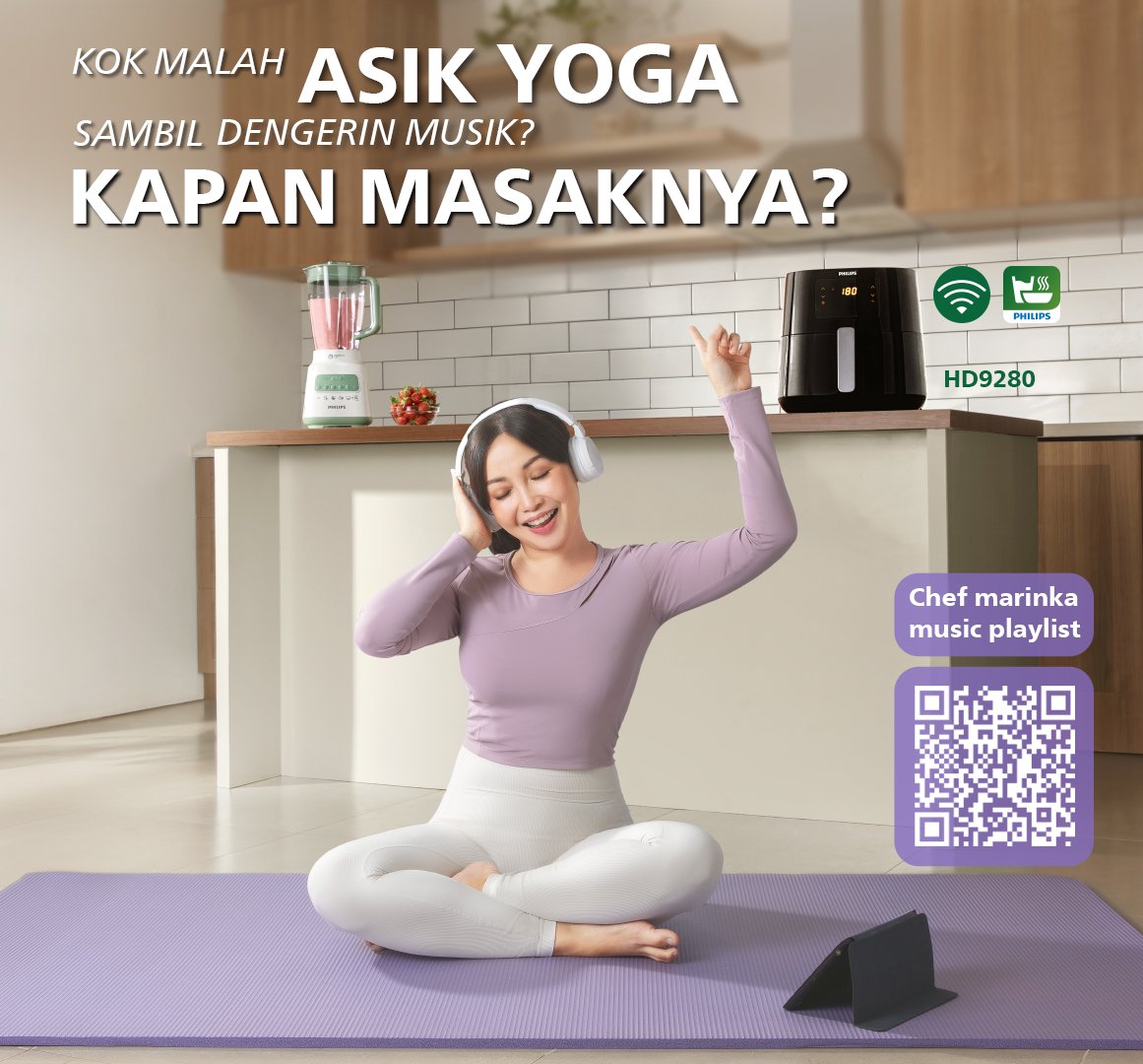 Bisa kok masak sambil yoga + dengerin music,biar badan dan pikiran jadi fresh terus.  Penasaran gmn caranya ? Stay Tuned ya guys.. 
btw aku kasih playlist favorit aku kalo lagi masak, scan qr code di postingan yah!
#MasakdariHP #PhilipsAirfryer #Philipshomelivingid