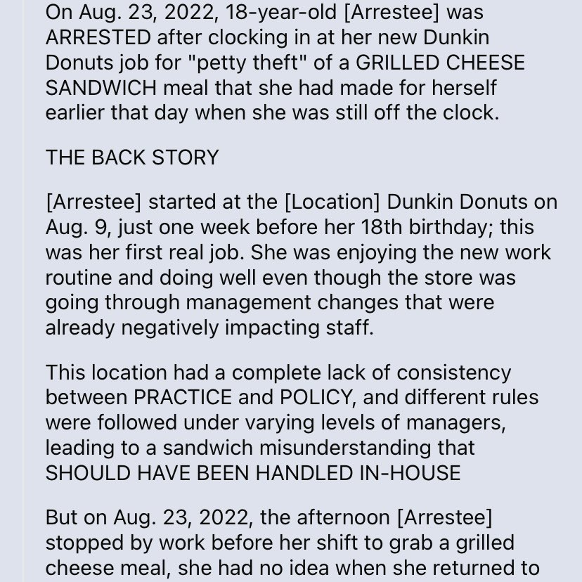 fuckyouiquit's tweet photo. Since when is calling the cops for an employment policy issue the first response? Sure, let’s ruin this girls life over a fucking sandwich. Fuck this manager and fuck the cops for actually arresting her. This is bullshit. https://t.co/KzfHBuYOia