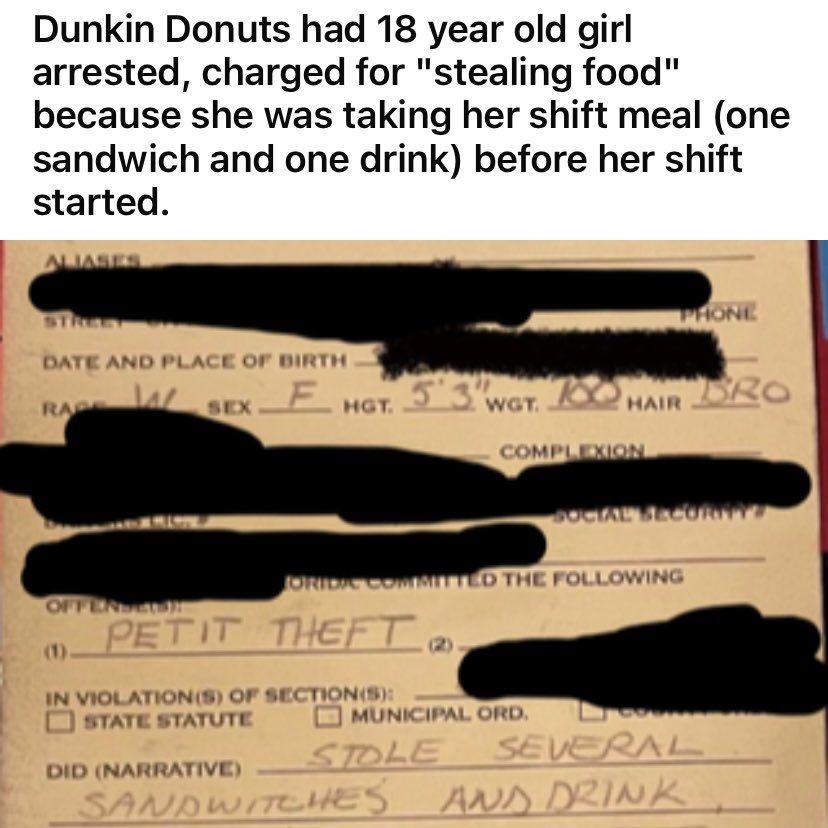 fuckyouiquit's tweet photo. Since when is calling the cops for an employment policy issue the first response? Sure, let’s ruin this girls life over a fucking sandwich. Fuck this manager and fuck the cops for actually arresting her. This is bullshit. https://t.co/KzfHBuYOia