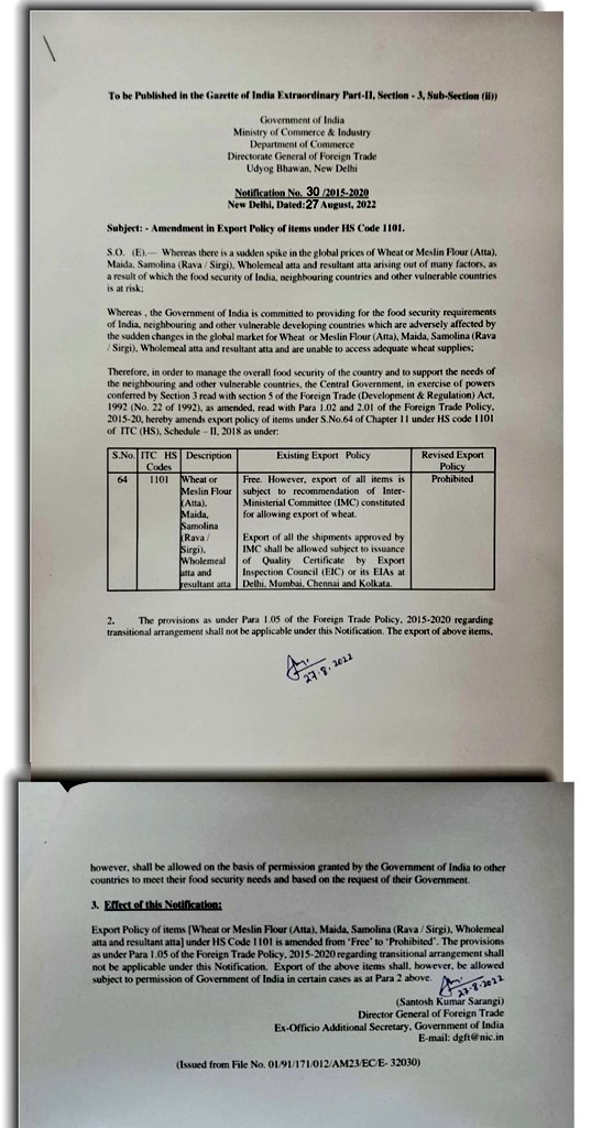 BimalGST's tweet photo. #Govt bans export of #Wheat or #Maida, #Samolina, #WholemealAtta and #ResultantAtta
#DGFT has issued notification
#Export of these items however, shall be allowed on the basis of permission granted by Govt of India
#a2ztaxcorpllp https://t.co/c4i3pqVQkD