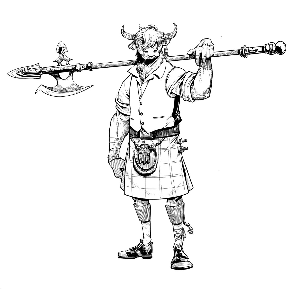 JoelAVollmer's tweet photo. A ways back @worriermn asked for a highland cow #Minotaur for #DrakewindFalls so started this. On the rough draft got “that’s great but he wears a bathrobe and carries a magic coffee mug” just got back to this and finished the line work. #Dndoodles #dnd #5e https://t.co/VdSvP1euCW