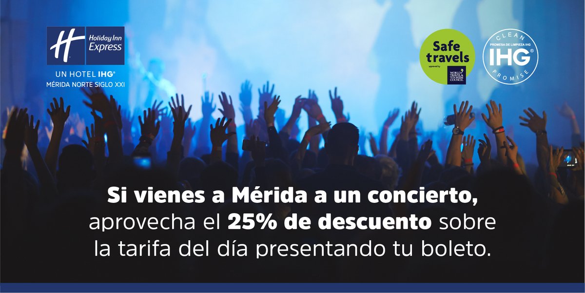 hiexmerida's tweet photo. Disfruta de tu música favorita y la mejor estancia en  #HolidayInnExpress.
Presenta tu boleto para asistir a cualquier concierto y obtén un descuento del 25% sobre nuestra  tarifa del día. 
Contáctanos: 999 964 2200 https://t.co/VFLu4RFmNL