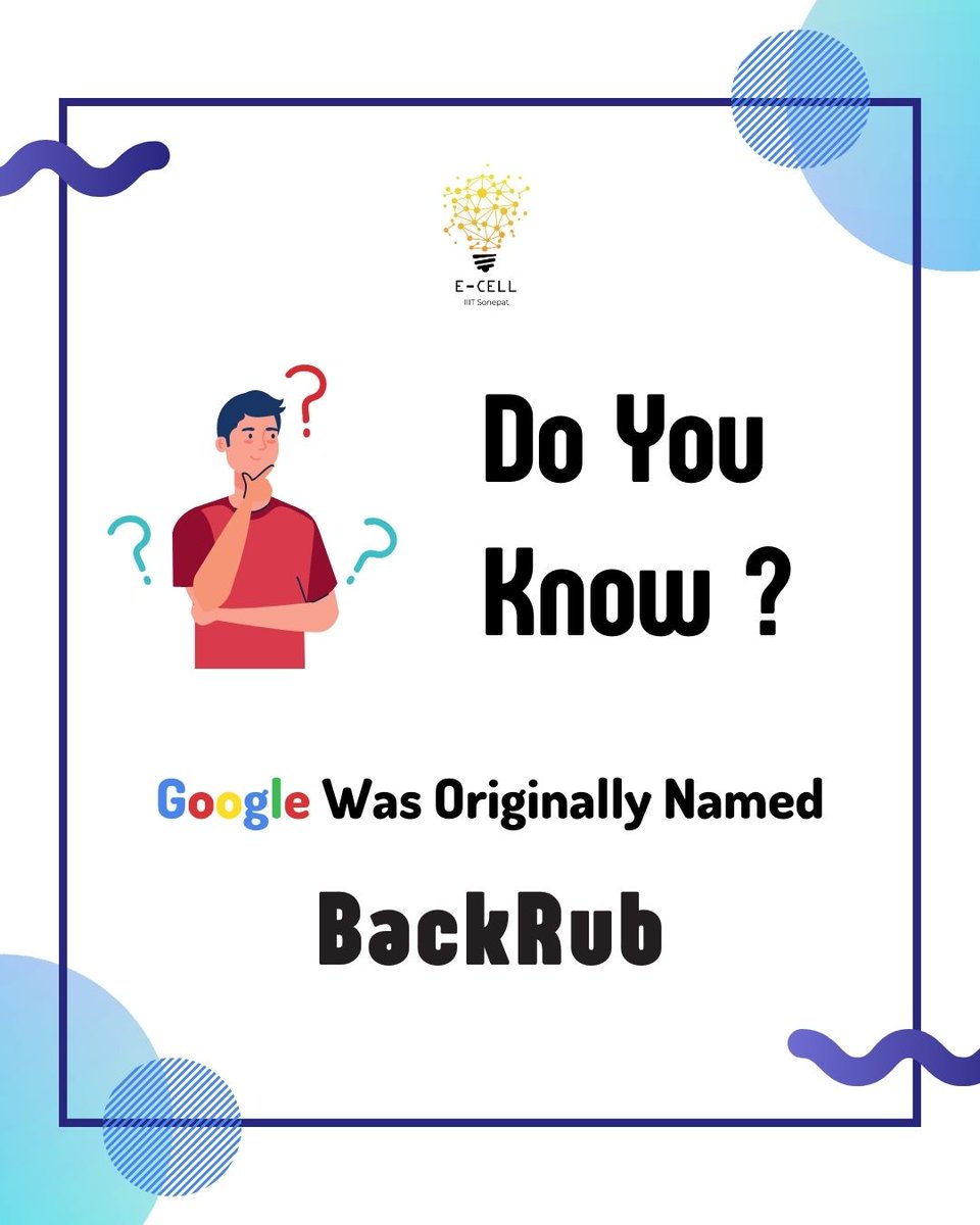 ecelliiits's tweet photo. Can you really imagine someone saying, “Let me just BackRub that for you.” Yes, it was called BackRub back in 1996 but the name barely lasted a year as founders Larry Page and Serge Brin shortly trademarked the name 'Google.

#google #ecelliiitsonepat #ecell #doyouknow https://t.co/4RdOfcyIGv
