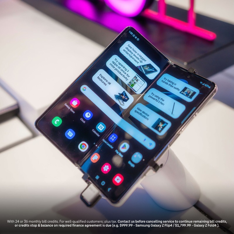 JonFreier's tweet photo. The latest flagship device lineup from @SamsungMobileUS has arrived at @TMobile! New &amp; existing customers can get the Z Flip4 for FREE or up to $1000 off the Z Fold4 with an eligible trade-in on our most powerful plan, Magenta MAX!