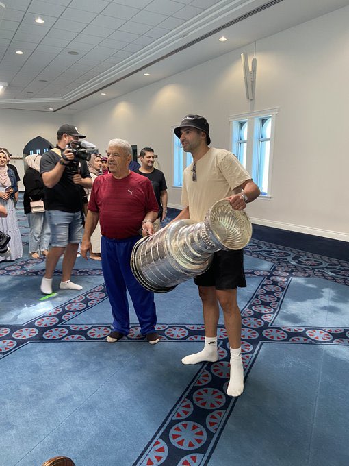 cbctom's tweet photo. Nazem Kadri brought the Stanley Cup to a mosque in London, Ontario today a little over a year after a Muslim family was killed in a hate attack in the same city. 

A truly extraordinary moment for the sport &amp; the country. (Photo: CP) https://t.co/7EKKoqPlz2