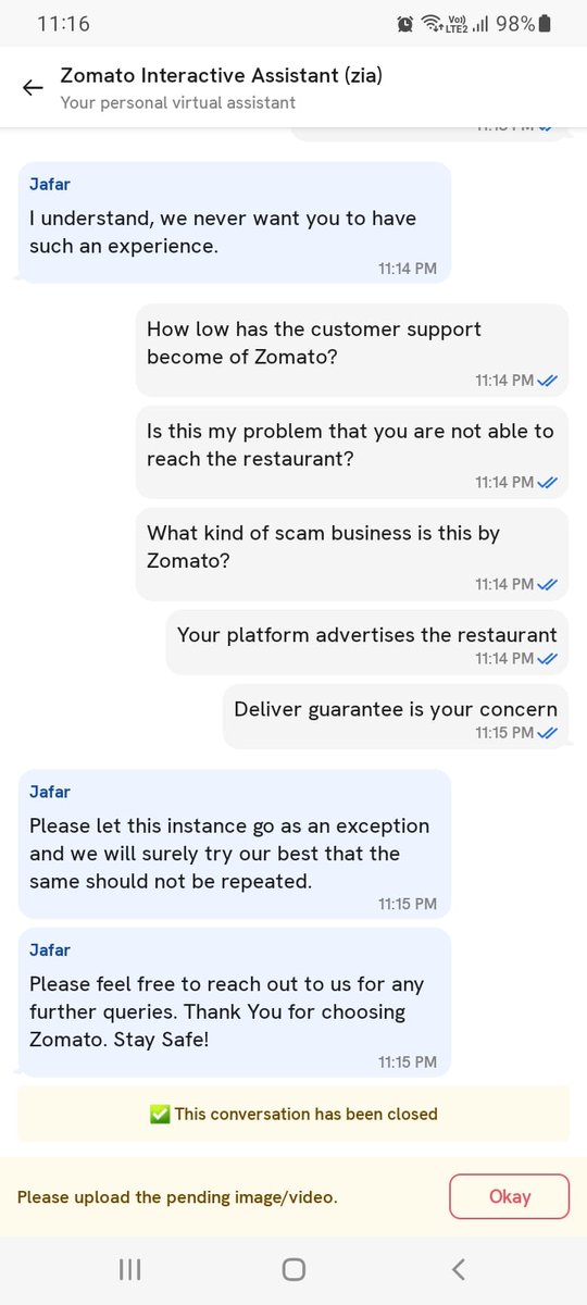AuroBanAri's tweet photo. @zomato @zomatocare @jagograhakjago @BandBajaateRaho 
#Zomato has stooped new low. Item is not delivered, but Zomato #CustomerService executive Jaffar is asking me to let go of this incident because he is unable to contact the restaurant partner. Screenshots attached. https://t.co/6Lx0TccLgW